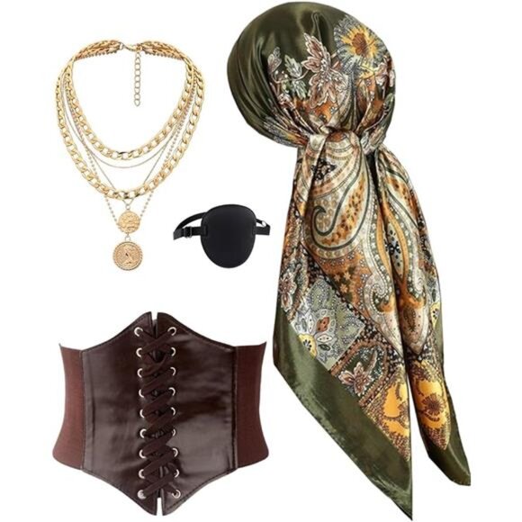 Pirate Accessories Set – 4pcs Pirate Costume Kit with Corset, Scarf, Eye Patch - Picture 3 of 3